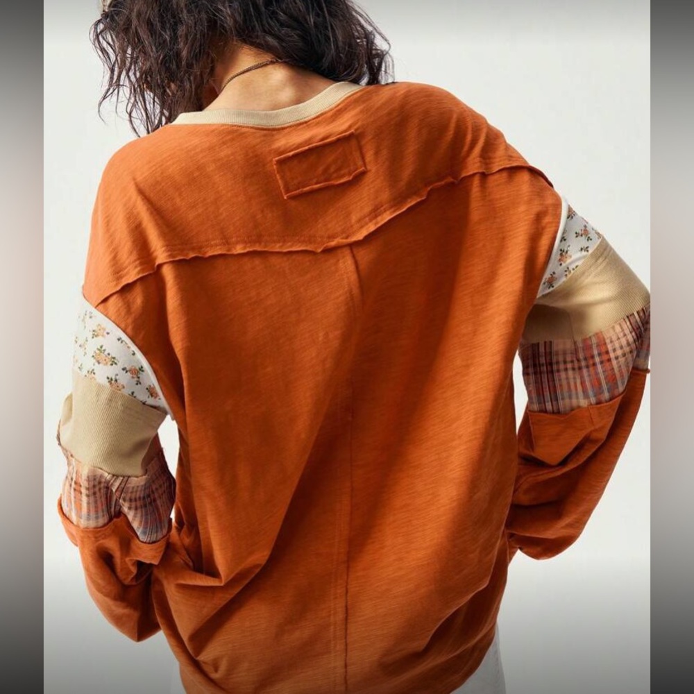 Rust Orange Patchwork Long Sleeve Top - image 4